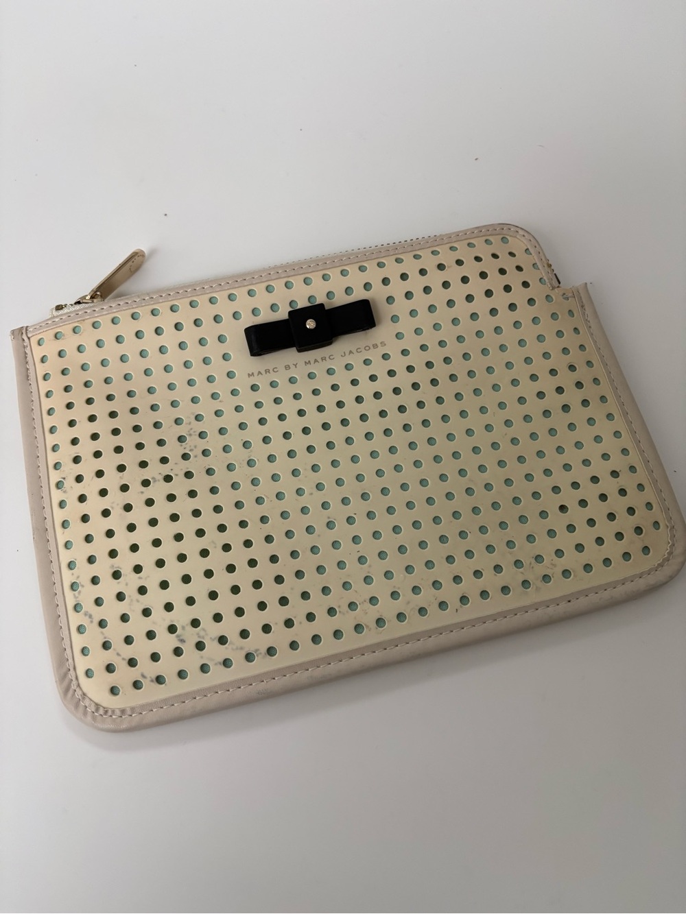 Marc by Marc Jacobs Cream Clutch / Pouch with Mint Perforation and Black Bow